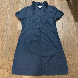 Millennium Dress Blue Empire Neck Ruffled Button Down Sz Large Short Sleeve Mini